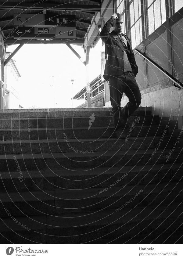 Where am I going? Man Black White Railroad Railroad tracks Light Jacket Train station Human being Stairs Black & white photo Underpass Jeans