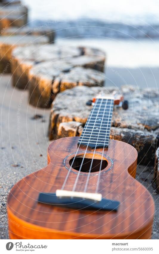 Ukulele lying on the beach stringed instrument tool strings vacation holiday feeling muck Summer Beach party Party groynes Baltic Sea Waves Water Sandy beach