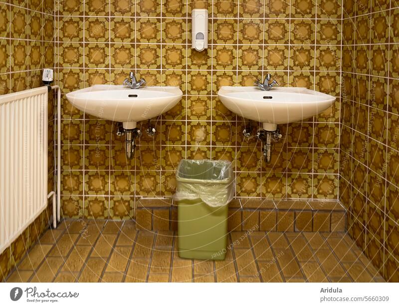 Two washbasins with waste garbage can and old 70s tiles Sink Toilet rubbish bin Heating Tile Old Clean Sanitary hygiene Pottery Tap washroom Style Retro