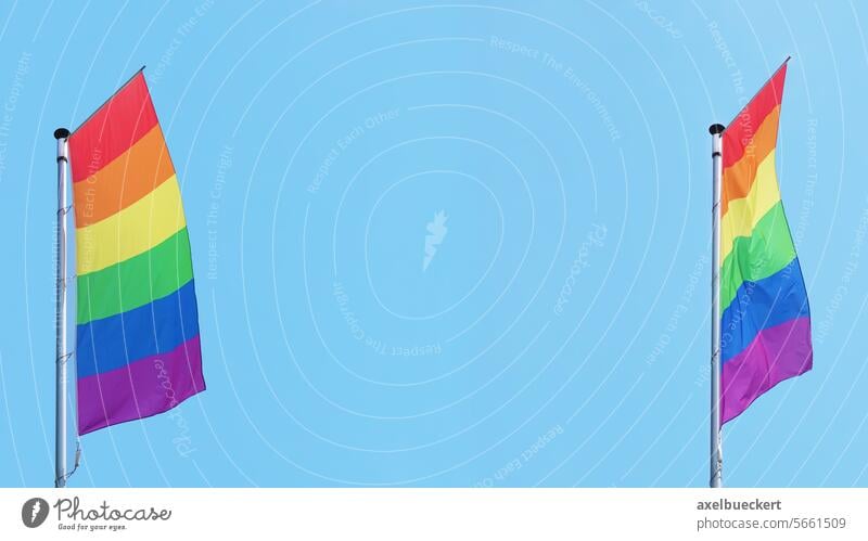 two vertical rainbow or lgbtq pride flags fly on flagpole against blue sky with copy space rainbow flag gay pride month diversity bisexual love symbol lesbian