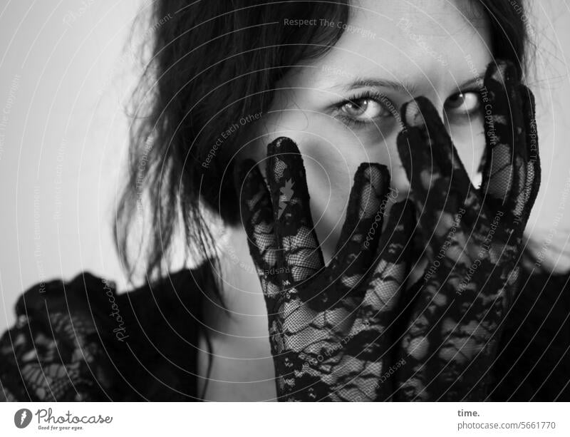 Woman with lace gloves portrait Feminine Gloves Looking Protection Dark-haired Long-haired stop Point Lace gloves Skeptical Hide