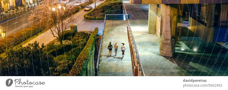 Women friends runners training together on the city at night unrecognizable group women running evening female team road traffic car light building empty dark