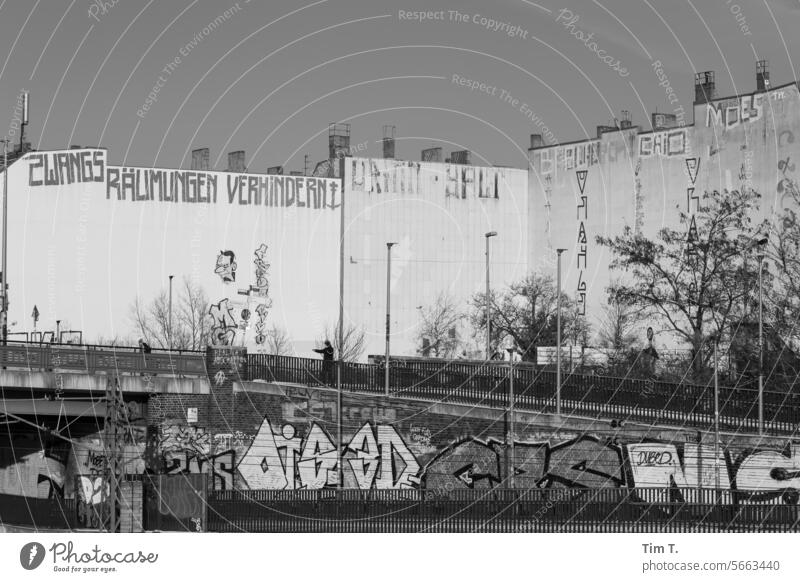 Berlin Graffiti Text Prenzlauer Berg b/w Winter Eviction prevent Black & white photo Town Downtown Capital city Exterior shot bnw Old town Deserted Day