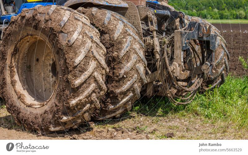 dirty double wheels of agriculture tractor on dirt road at sunny summer day diredt light clay sticky nobody close-up no people clogged lugs equipment manure