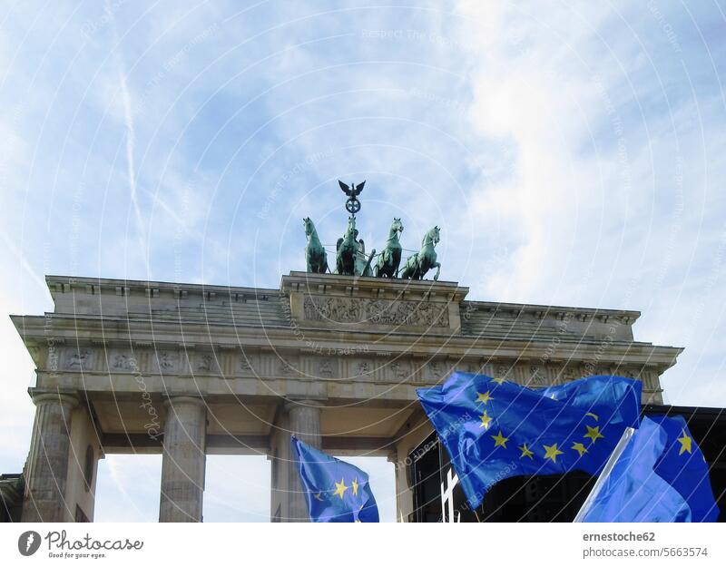 Demonstration for Europe in front of the Brandenburg Gate Berlin Downtown Berlin European Union European flag Europeans Germany Quadriga Goal Sky