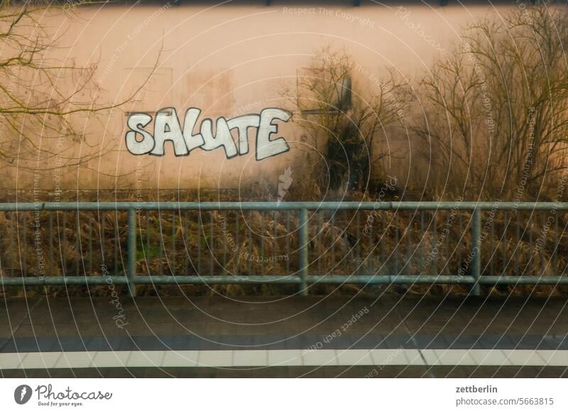 Salute again salute welcome culture Salutation Toast graffiti Grafitto Spray Cold Drinking Winter Autumn Lonely melancholy tribulation Gloomy Deserted rail