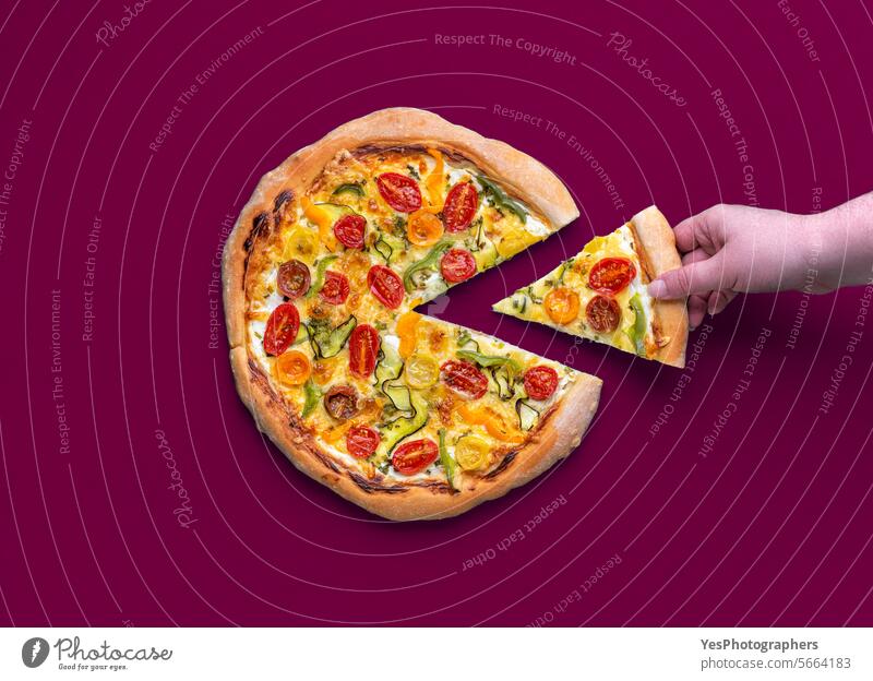 Homemade pizza primavera isolated on a magenta background above baked bright chart cheese color colorful comfort crust cuisine delicious diet dinner dish eating