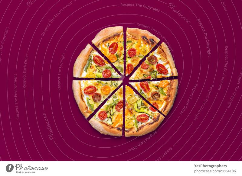 Homemade pizza with vegetables minimalist on a magenta table above background baked bright chart cheese color colorful comfort crust cuisine delicious diet