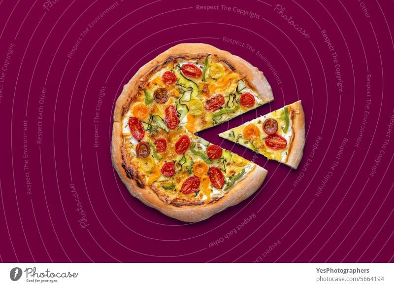 Vegetarian pizza minimalist on a magenta background, top view above baked bright chart cheese color colorful comfort crust cuisine delicious diet dinner dish