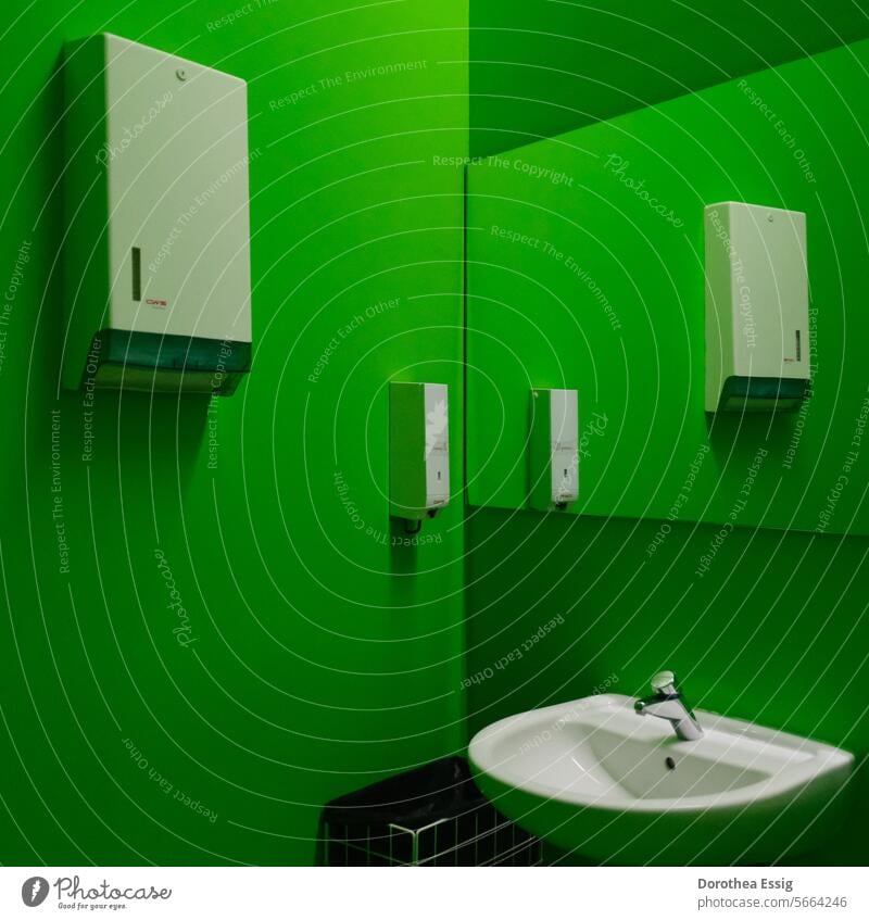 WC room - all in green Green Colour photo LAVATORY Toilet Sanitary facilities reflection Clean White Wall (building) Sink neat hygiene Interior shot