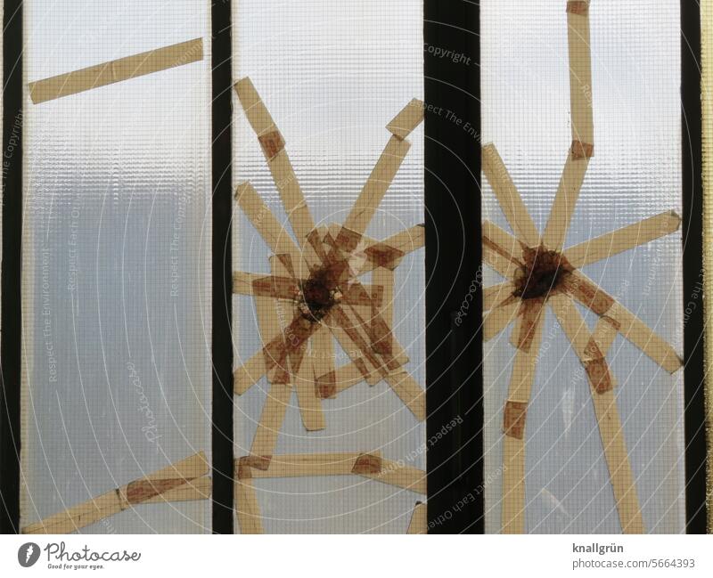 Holds! Window Structures and shapes Safety Adhesive tape Pattern Abstract Exterior shot Colour photo Deserted Detail Close-up Subdued colour Safety glass Glass