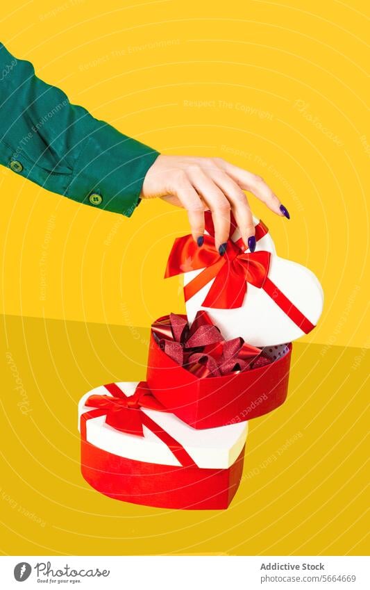 Anonymous hand lifting the lid off a heart shaped gift box revealing another heart box inside on a yellow background Hand ribbon red unveil present valentine