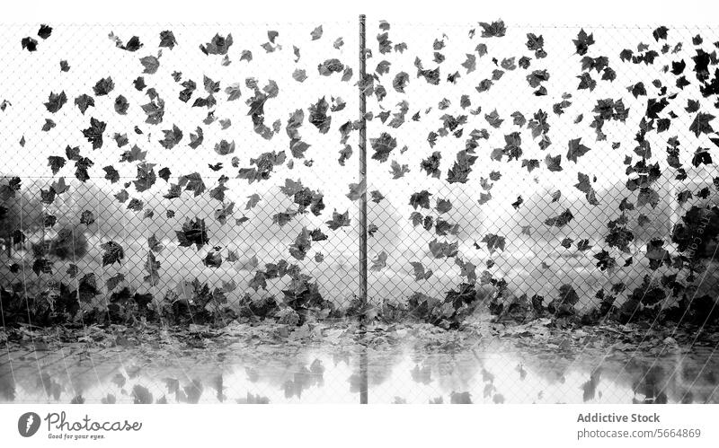 Black and white photograph capturing the poetic interplay of fallen leaves entangled on a chain-link fence with their reflection creating a mirror image on a wet surface below
