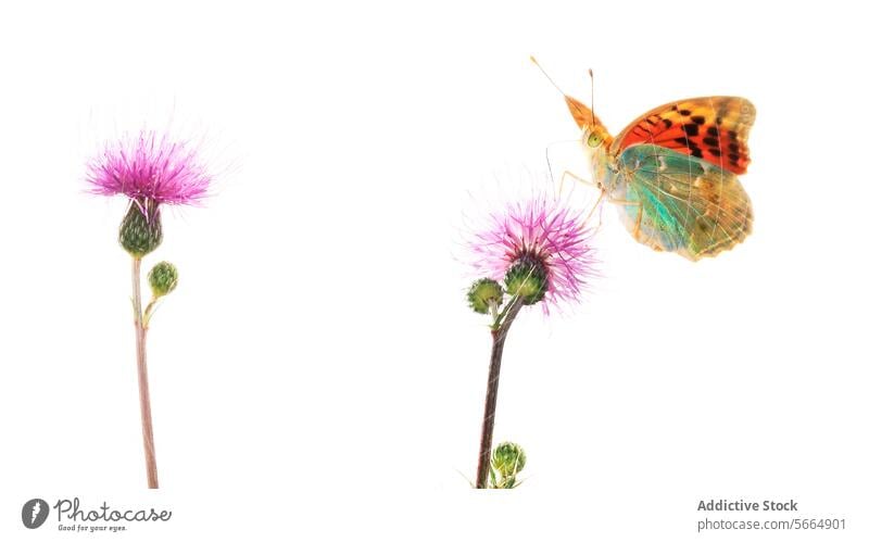 A vibrant Pandora butterfly perched on a purple thistle flower against a white background purple flower insect nature wings antennae pollinator delicate