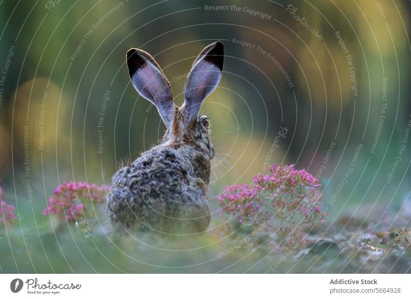 A brown hare sits alert amidst pink wildflowers with its large ears erect blending into the forest underbrush at dusk wildlife nature sitting twilight flora
