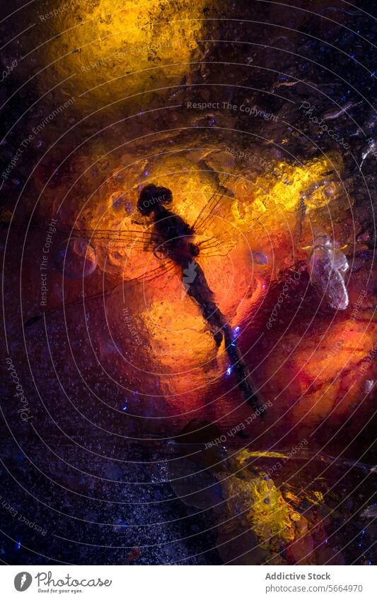 A dragonfly encased in amber hues of frost, with a backdrop fusion of fiery reds and yellows, creating a striking contrast with the surrounding cold blues textures, reminiscent of a warm fire meeting the cold winter