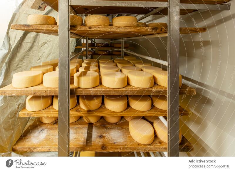 Wheels of cheese age on wooden shelves in a cheese makers curing room highlighting the ripening stage Cheese wheel aging shelf dairy craft production artisan