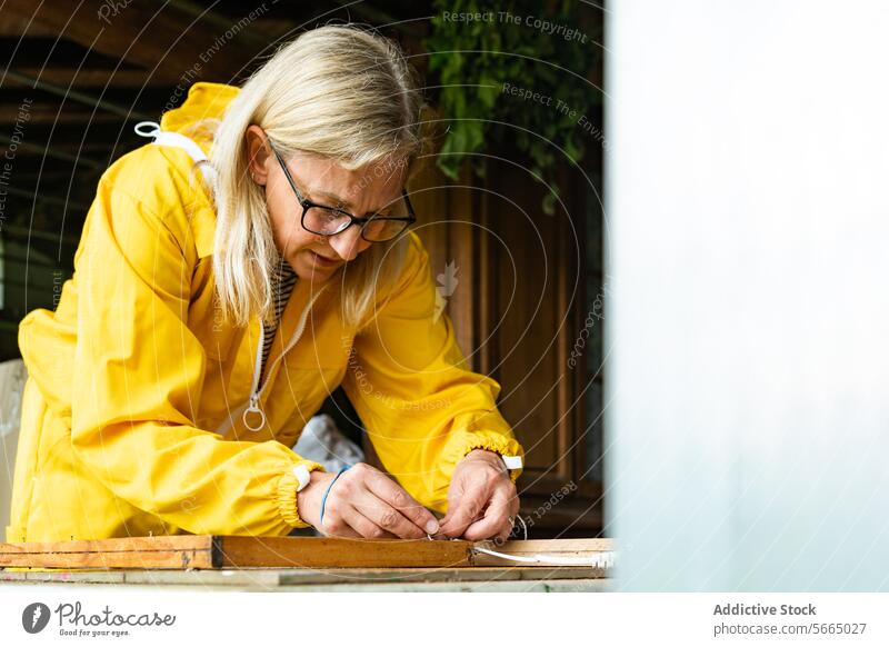 Senior woman working in with beehive workshop apiary fix overall eyeglasses frame focus lady senior construct wooden aged busy artisan nature female concentrate