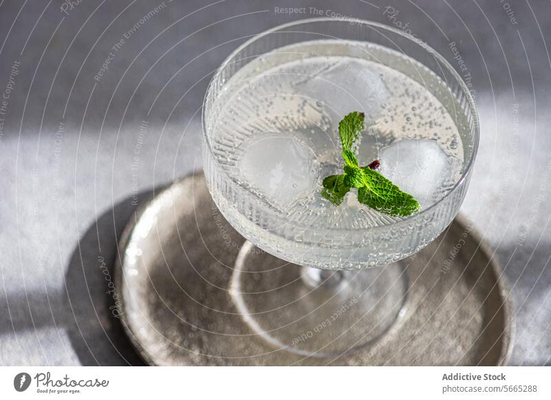 Elegant cocktail in a vintage glass with a mint garnish vodka, fresh mint leaves, cube of ice sophisticated drink metallic tray presentation elegance