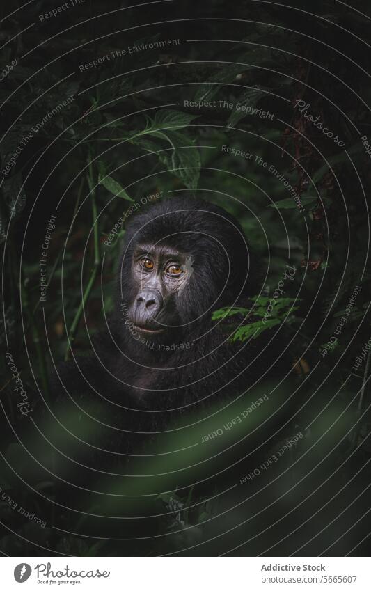A mountain gorilla with pensive eyes emerges from the dark greenery of the Bwindi Impenetrable Forest Gorilla impenetrable forest national park Uganda primate