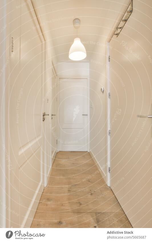 Long hallway with closed white doors wall long modern apartment illuminated pendant light hanging ceiling floor hardwood entrance house contemporary empty