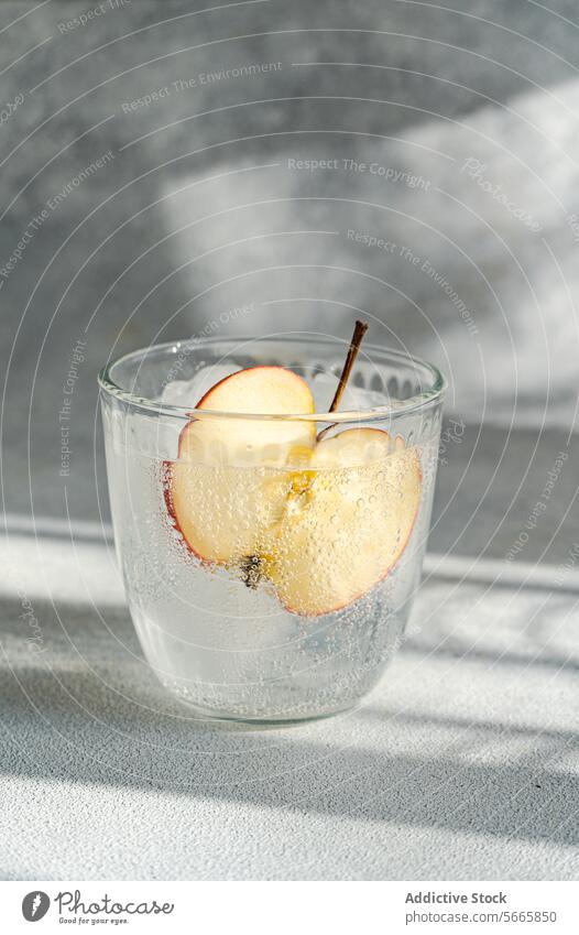 A close-up view of a glass of tonic water with a slice of apple, highlighting the drink's bubbles and refreshing appearance beverage refreshment bubbly