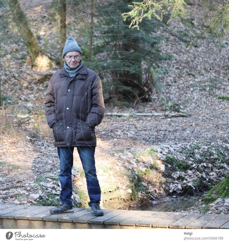 Senior standing on a footbridge in the forest Human being Man Senior citizen more adult Stand Forest Brook Footbridge Winter Winter clothing Sunlight look