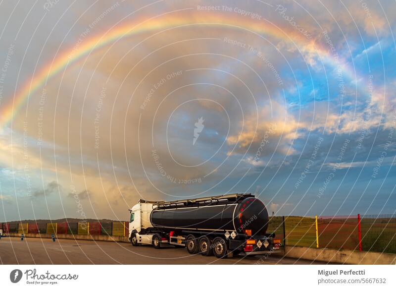 Tanker truck with dangerous goods parked under a spectacular sky with rainbow. tank freight sunset weather logistic traffic duo trailer vehicle industry nature