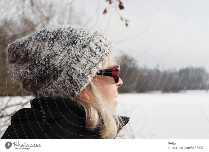 Enjoy the winter sun Human being Woman portrait portrait of a woman Profile out Exterior shot Winter Snow chill Frost Winter sun Sunlight Beautiful weather