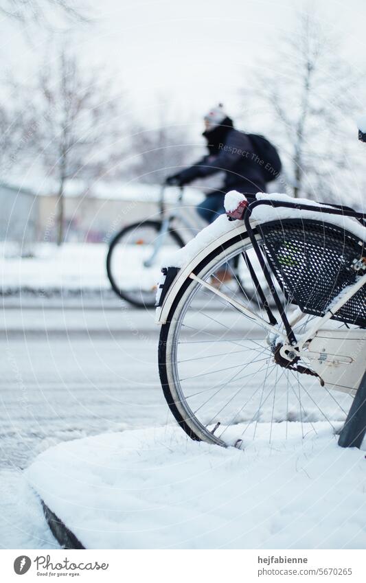 Cycling in winter on snow-covered roads and cyclists in the background Bicycle Winter Snow Frost Road traffic Bicycle Farmer depth blur rear wheel Snow layer