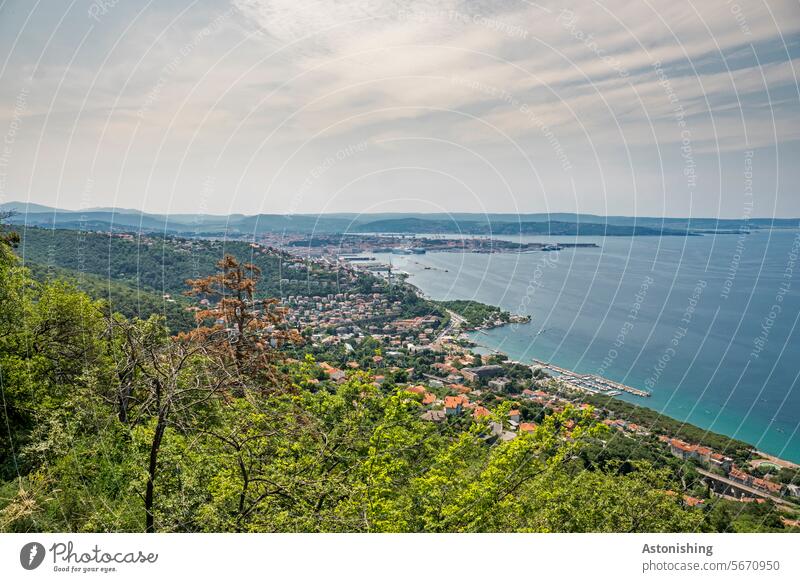 View of Trieste, Italy Ocean Vantage point Landscape Hill Nature trees coast Town vacation Horizon Blue Clouds Building Forest Hiking Water wide