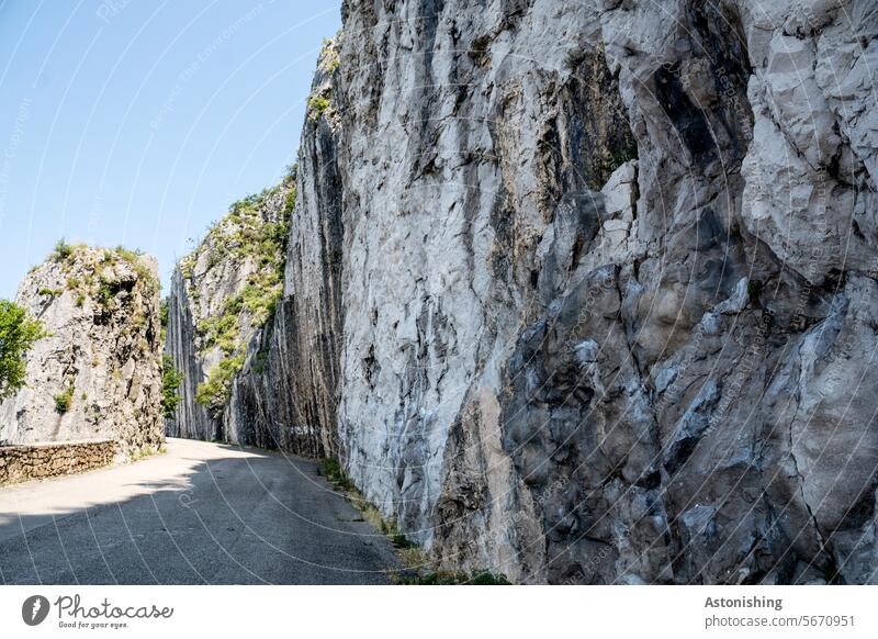 Road - cut into the rock Rock Cut Tall Stone Street Trieste Italy Mountain Landscape Sky Vacation & Travel Summer Hiking Day Wall (barrier) Green Gray Blue