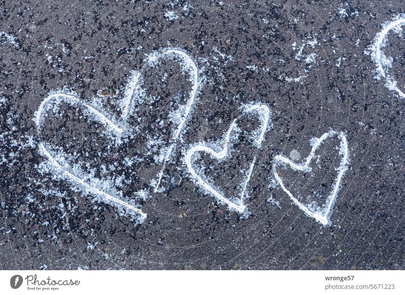3 ice cold hearts Heart freezing cold ice crystals Winter winter Street off Drawing Graffito Cold Frost chill Winter's day Asphalt Winter mood Exterior shot
