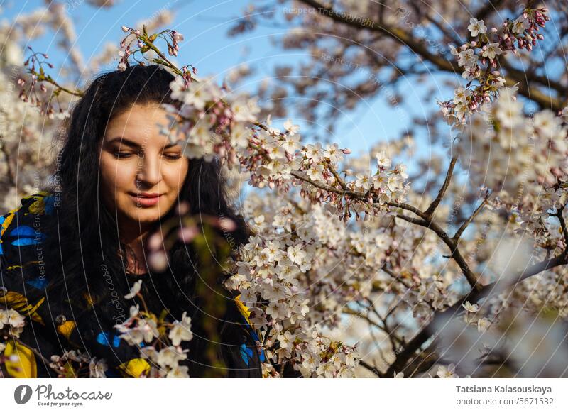 Attractive young woman enjoying spring among flowering trees in cherry orchard background blooming city urban blossom outdoors nature beauty springtime blossoms