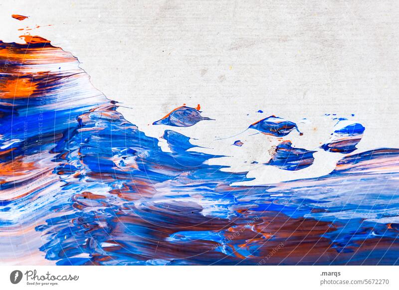Flying fish Wall (building) Colour Dye Fluid Varnish Art Blue White Orange Abstract Close-up Structures and shapes Background picture Dynamics Creativity