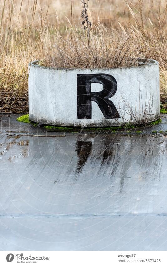 R for ...| rainy day topic day letter Rainy weather Wet concrete ring Street Asphalt reflection Reflection Bad weather Gray Puddle Exterior shot Damp Deserted