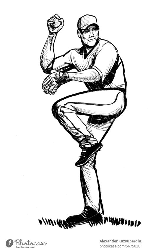 Baseball player. Hand-drawn ink black and white drawing baseball playing sport sportsman athlete throwing art artwork sketch