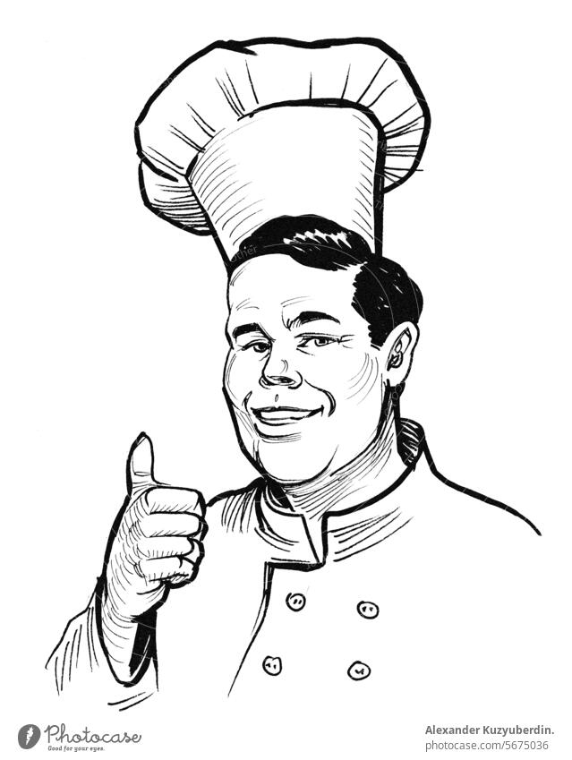 Restaurant chef showing big thumb. Hand-drawn ink black and white drawing cook cooking character man male person art artwork sketch retro vintage