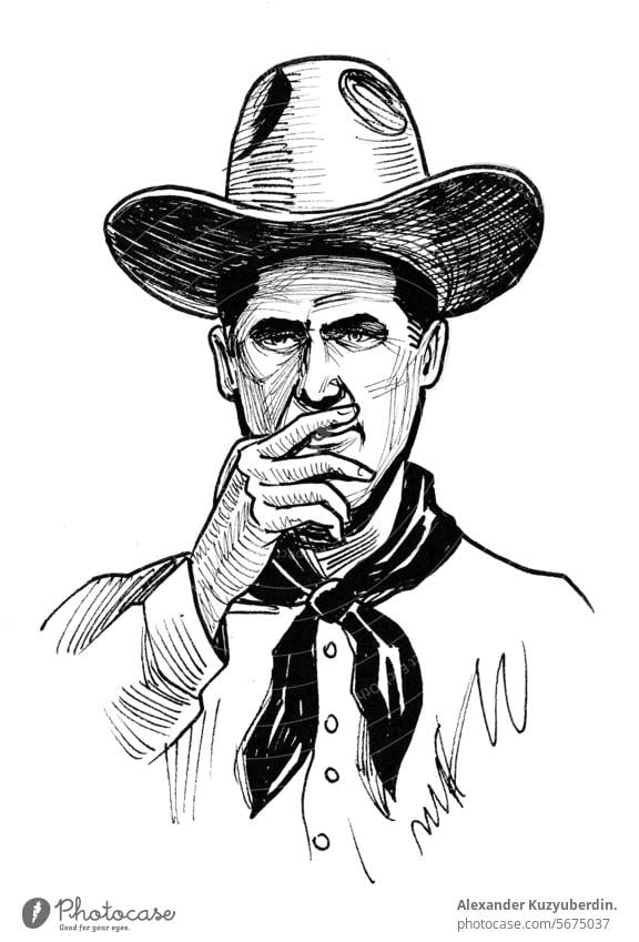 Cowboy smoking cigarette. Hand-drawn ink black and white drawing cowboy man male character person retro vintage rancher art artwork sketch