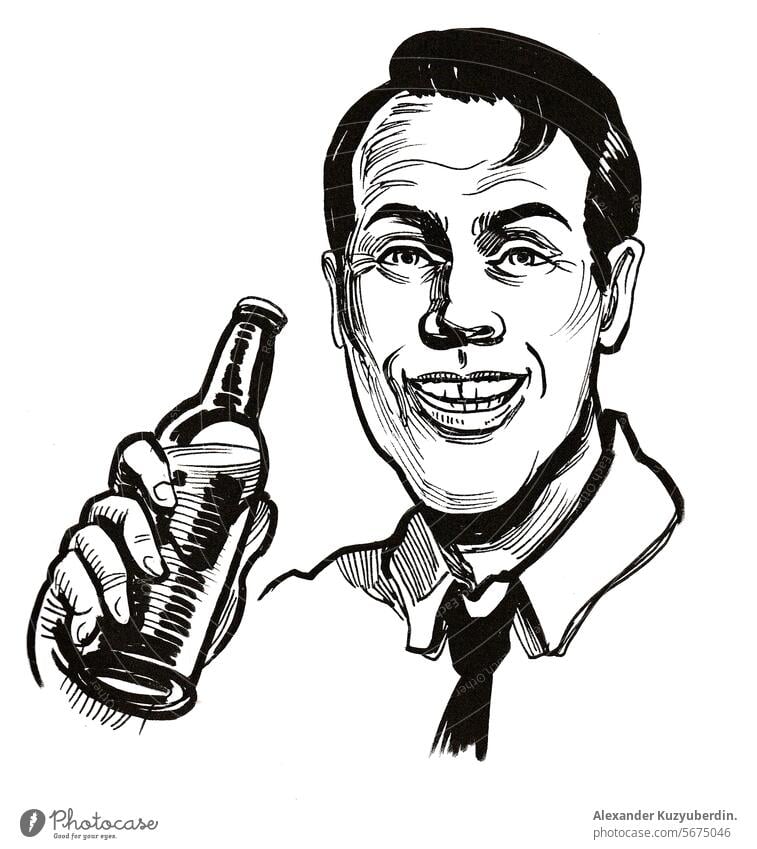 Alcoholic man with a bottle of beer. Hand-drawn ink black and white drawing drinking alcoholic male charcter cartoon artwork sketch