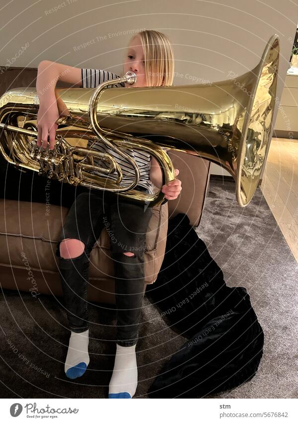 Child and tuba Tuba Music Musical instrument Musician Leisure and hobbies Make music Sound Classical Brass band music Playing Tone Practice