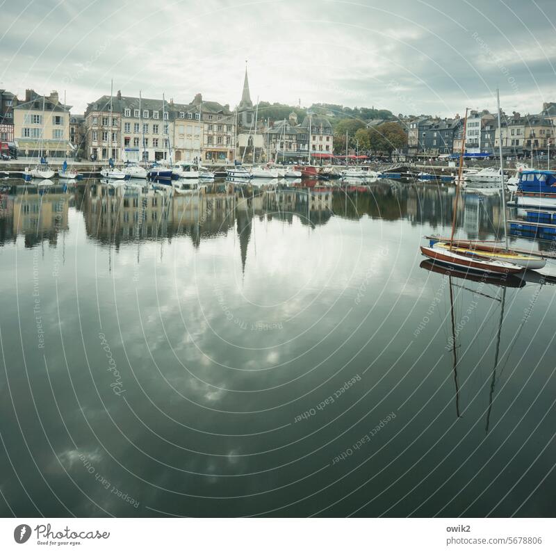 paddling pool Honfleur France Normandie Colour photo harbour basins Water Surface of water Reflection Water reflection Copy Space houses Church Church spire