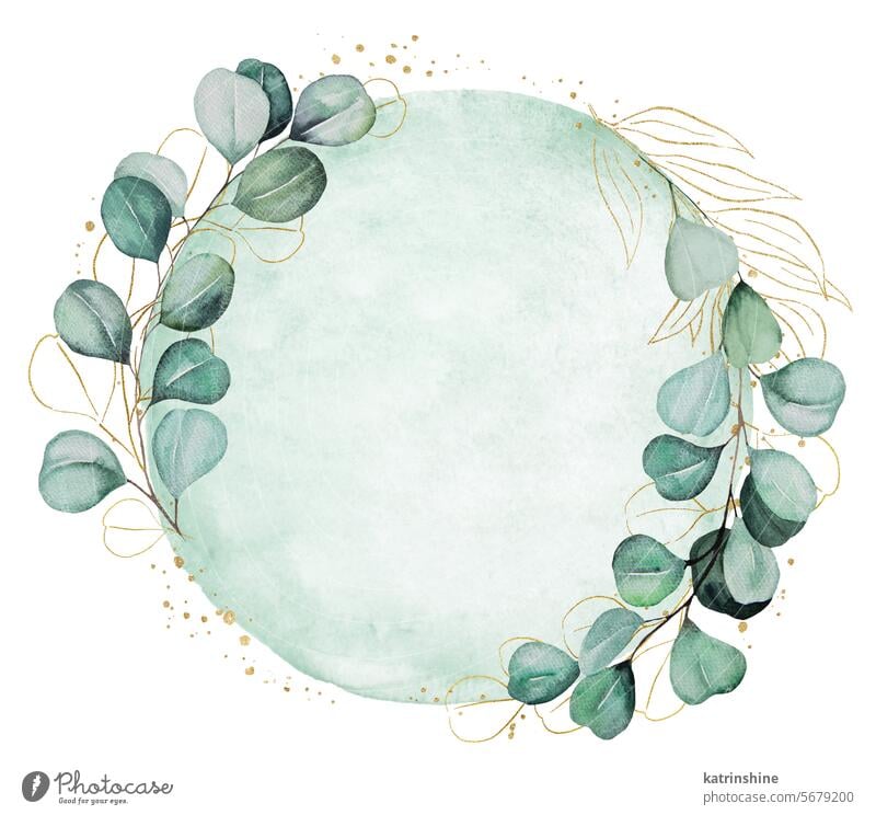 Round frame made with green and golden watercolor eucalyptus leaves, wedding illustration Birthday Botanical Decoration Drawing Element Foliage Garden