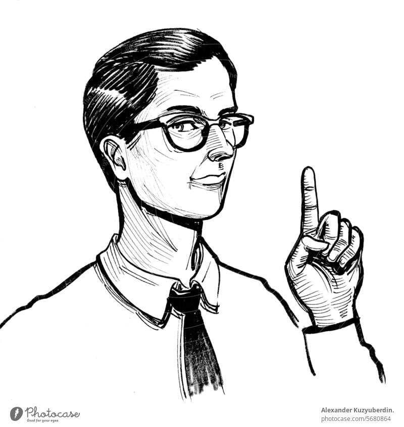 Man in glasses warning. Ink black and white drawing pointing businessman male charcater cartoon artwork sketch ink