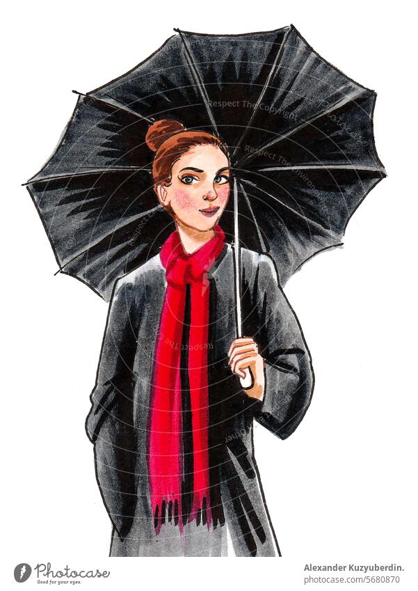 Pretty woman with umbrella. Ink and watercolor sketch girl female beauty fashion skethc beautiful pretty cartoon artwork drawing