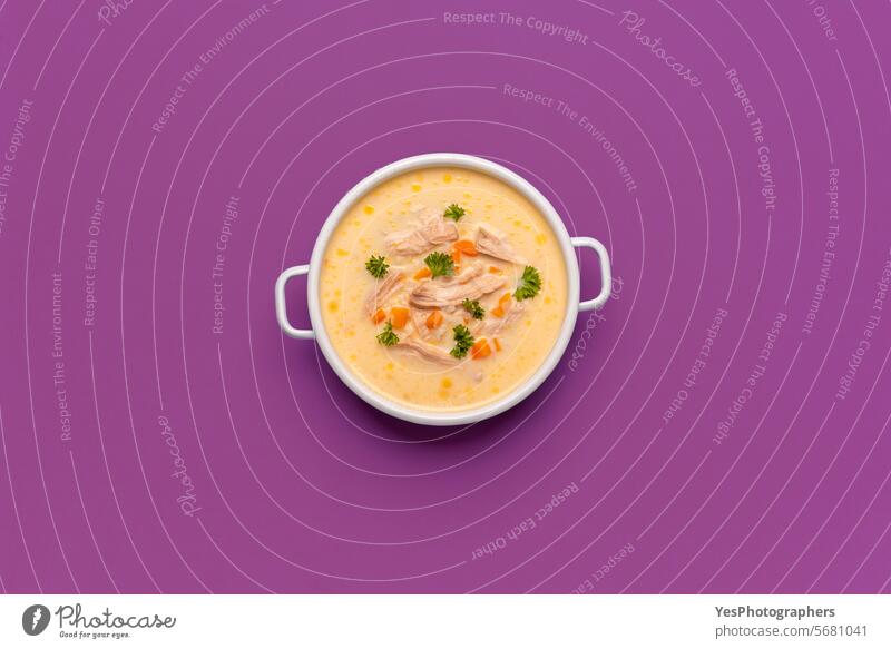 Greek chicken soup above view, minimalist on a purple background avgolemono bowl bright carrots citrus close-up color creamy cuisine delicious dinner dish egg