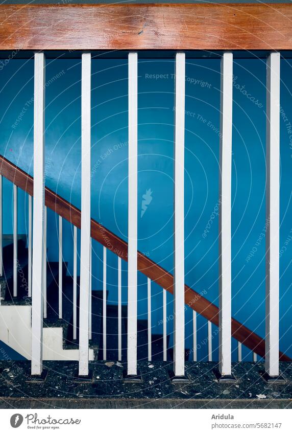 Stair railing in front of blue wall Stairs Banister Staircase (Hallway) House (Residential Structure) Stage Wall (building) Blue Old Wood
