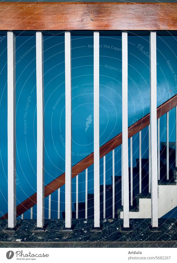 Stair railing with blue wall Staircase (Hallway) Wall (building) Stairs Banister Architecture Building House (Residential Structure) Old Blue Interior shot Wood
