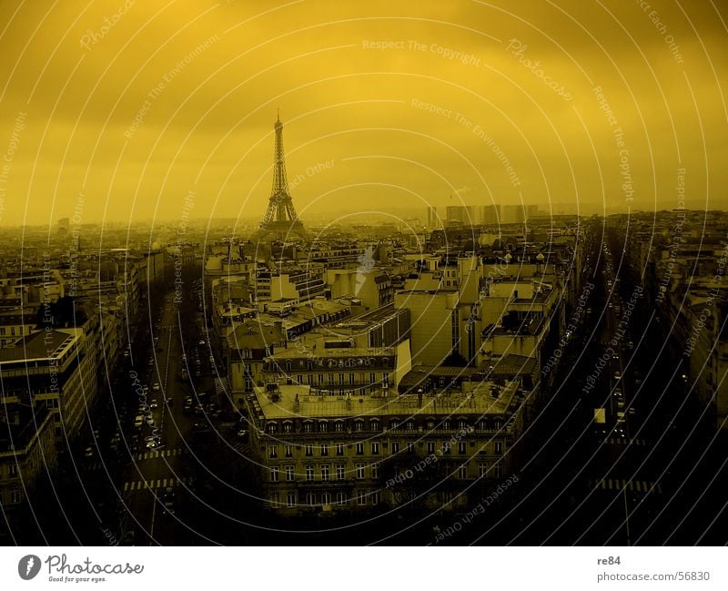 Paris in a doomsday mood France Yellow Black Fog Fog bank Clouds Town Eiffel Tower Light Block Housefront Direct Pattern High-rise Flat (apartment) Places