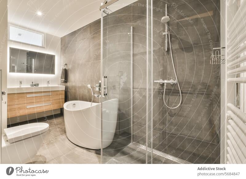 Modern bathroom interior with elegant fixtures modern design contemporary walk-in shower sink minimalist wall-mounted toilet lighting towel radiator mirror